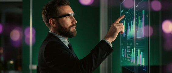 Businessman using smart glasses to analyze data on a screen
