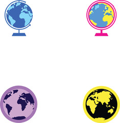 Colorful globe icon set with artistic Earth designs in varied styles for education, travel, and global themes