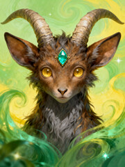 Mythical horned creature portrait with emerald gem and golden eyes