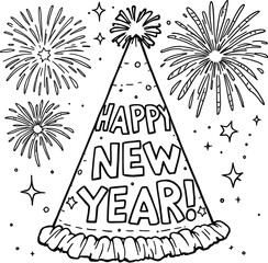 New Year celebration icon with party hat, fireworks, sparkles, and festive typography in black and white style