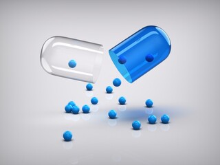 Close up of Medicine transparent capsule with small balls inside. 3D render