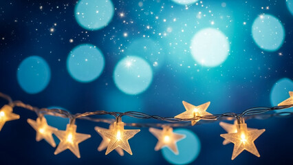 Obraz premium Glowing Star String Lights Against Blue Bokeh Background for Festive Decorations and Celebrations