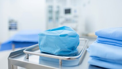 surgical cap on table with blue cap and folded drapes nearby in clean operating room preparation