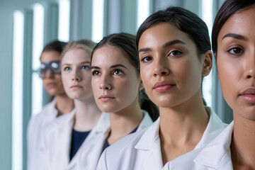 Side profile view of a group of focused professional female scientists in white coats working together in a modern scientific research environment.