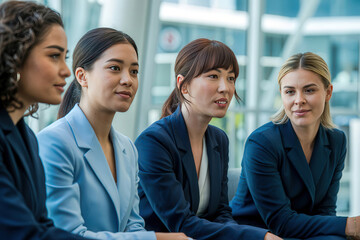 Four diverse professional businesswomen sitting together in a row looking focused while listening to a presentation in a modern corporate office or seminar environment.