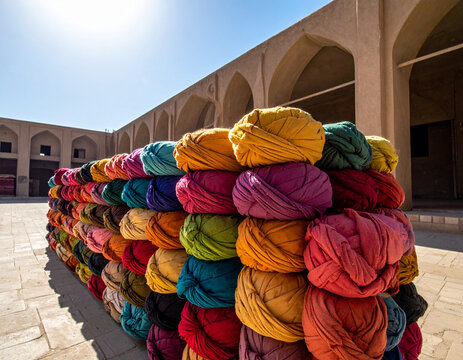 A colorful array of tightly wrapped, geometric turban cloth bundles is stacked neatly in a sunlit, empty, minimalist market stall.
