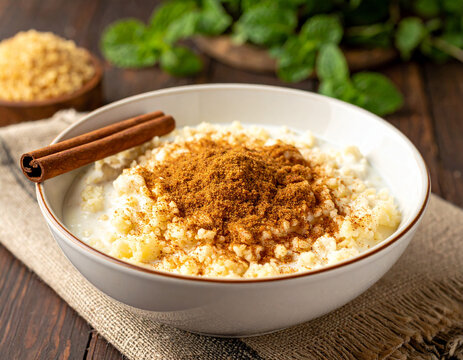 A shallow bowl of sweet, creamy Degue (millet couscous with yogurt) is topped with a sprinkle of brown sugar and cinnamon.