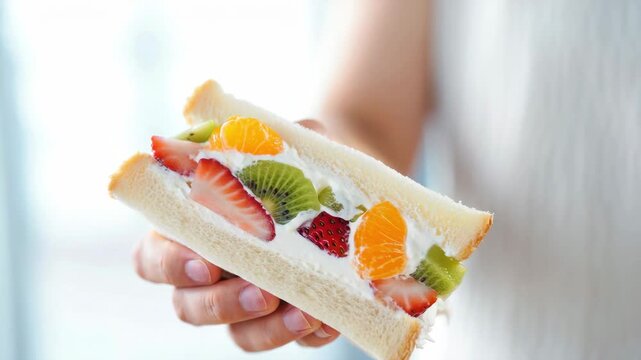 Fresh Japanese fruit sando held in hand with colorful strawberry, kiwi, orange slices and whipped cream in soft white bread, aesthetic healthy dessert sandwich snack, summer brunch treat
