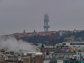 prague city panorama with zizkov tv tower in fog