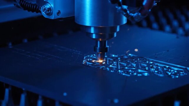 Precision milling machine cutting a pattern into a metal plate.