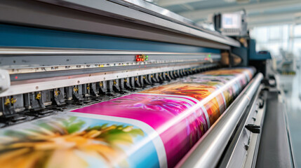 Obraz premium Large printer produces vibrant images in a production facility in the afternoon