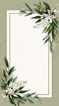 Olive green border botanical frame floral invitation white card eucalyptus leaves minimal design wedding template elegant stationery rustic style neutral background with calm mood and gentle charm