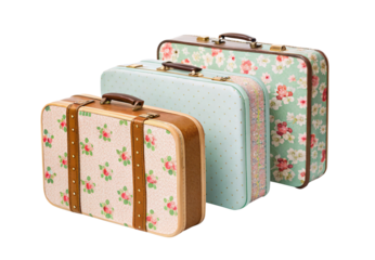 Vintage floral suitcases in pink, mint, and sage with brown leather trim, isolated on a transparent background