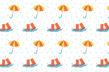Seamless summer background. Vector seamless background with umbrellas, rain, rubber boots and puddles.