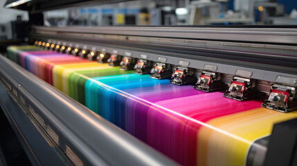 Obraz premium Printing process in a design studio showcases vibrant color patterns on large printer