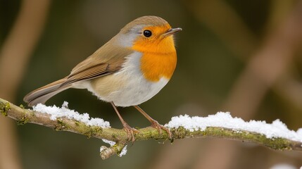 Charming Winter Scene Featuring a Robin Perched on Snow-Covered Branches Amidst Falling Snowflakes
