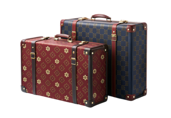 Burgundy and navy patterned vintage suitcases with gold monogram designs and leather, isolated on a transparent background