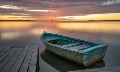A weathered wooden boat rests gently on placid water at dawn, with a tranquil dock and vibrant sunrise reflecting on the surface