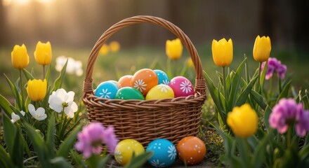 A wicker basket overflowing with colorful, decorated Easter eggs sits amidst a vibrant garden of tulips and other spring blossoms, bathed in the warm glow of the setting sun