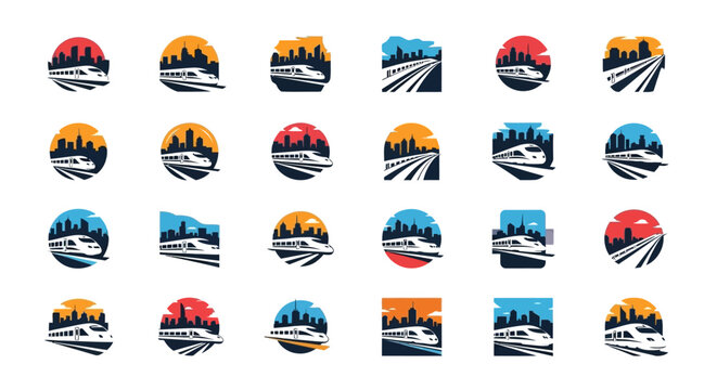 Collection of modern high speed train logo design with urban silhouette backdrop