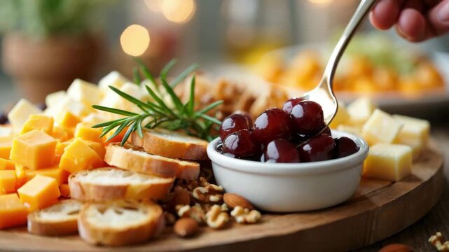Cheese board with cubes of cheddar and brie, toasted baguette slices, nuts, herbs and marinated cherries in syrup, elegant appetizer platter for wine tasting or holiday gathering table setup