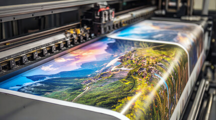 Large printer creates colorful landscape prints in a production room during the day