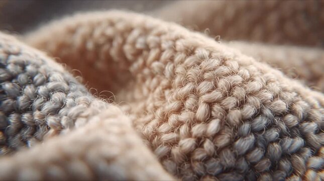 Ultra macro knitted wool texture soft beige gray yarn fibers breathing motion fabric expansion contraction, cozy warm lighting, cinematic softness, seamless loop calm wellness aesthetic 4K slow motion