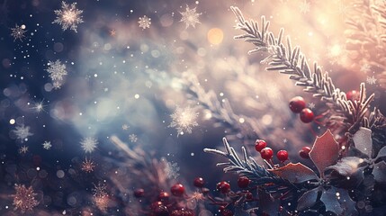 A macro shot captures delicate snowflakes resting on vibrant red berries and textured evergreen pine branches, creating a bokeh effect that showcases the natural beauty of winter.