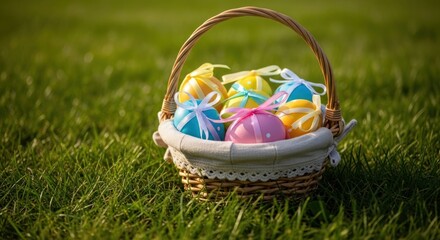 Colorful Easter eggs in a wicker basket on grass (1)