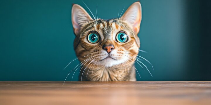 Playful Tabby Cat with Striking Green Eyes Peeking Over Wooden Table Edge, Capturing Attention - Powered by Adobe