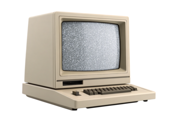 Retro beige computer monitor with static display and keyboard, isolated on a transparent background
