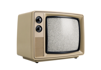 Classic beige TV with white noise screen and dial controls, isolated on a transparent background