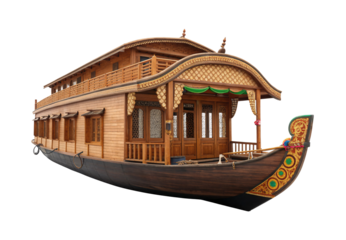 Decorated wooden houseboat with carved railings and green canopy awning, isolated on a transparent background