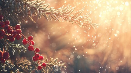 A macro shot captures delicate snowflakes resting on vibrant red berries and textured evergreen pine branches, creating a bokeh effect that showcases the natural beauty of winter.