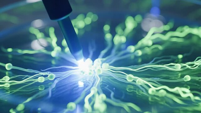 Observe the captivating display of bioluminescent reactions as colorful lights dance in a petri dish. This artistic exploration unfolds intricate patterns and mesmerizing movements.