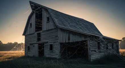 Obraz premium Dilapidated barn in field, covered in cobwebs at dusk
