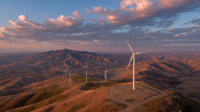 Large wind turbine on mountain peak at twilight overlooking valley