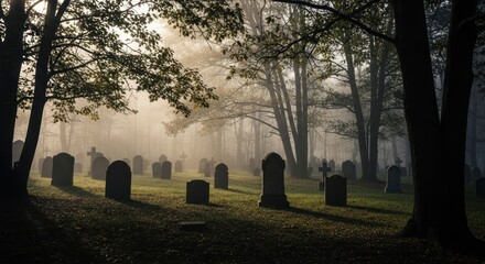Eerie foggy graveyard scene with tombstones under trees on an overcast day
