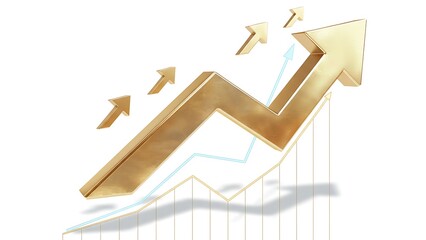 evolution Gold up arrow success isolated on white 3d background with growth direction graph graphic symbol or golden economy stock profit chart icon element and investment financial Isolated on white