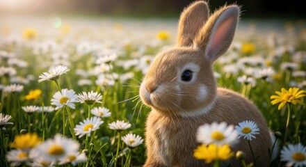 Fluffy bunny amidst a field of daisies.  Golden light