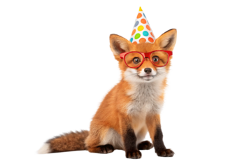 Realistic red fox with red glasses and colorful polka dot hat, isolated on a transparent background