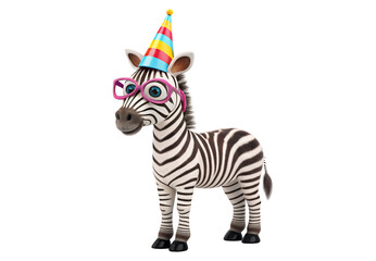 Fototapeta premium Cute cartoon zebra with pink glasses and rainbow party hat, isolated on a transparent background