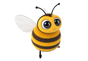 Adorable fluffy cartoon bee with large eyes smiling cheerfully, isolated on a transparent background