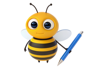 Cute cartoon bee holding blue pen with striped yellow body, isolated on a transparent background