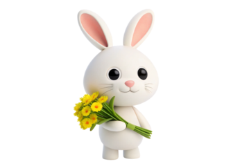 White cartoon bunny rabbit holding yellow flower bouquet smiling sweetly, isolated on a transparent background