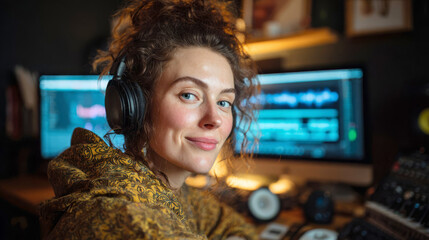 Woman works on music production in home studio late in the evening