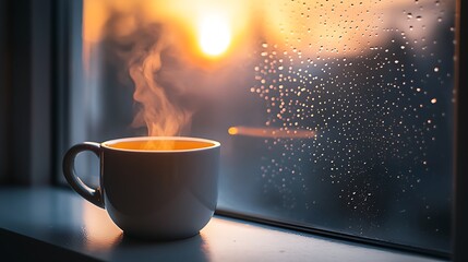 Steaming mug at rainy sunset.
