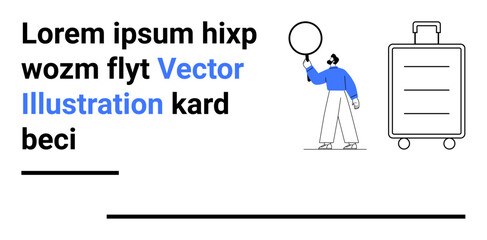 Man holding a round object beside a suitcase. Bold minimalist design with text overlay. Ideal for travel, exploration, business, e-commerce, branding, user guides, advertisements simple landing page