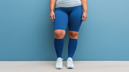 studio shot of woman with lymph edema wearing compression socks