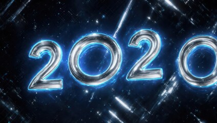 Shiny chrome 2020 digits with blue glowing edges on a dark tech background